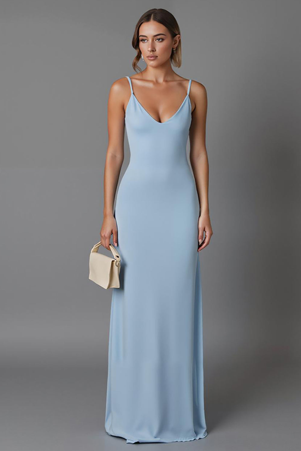 Sky Blue Sheath Chiffon Spaghetti Straps Long Evening Dress