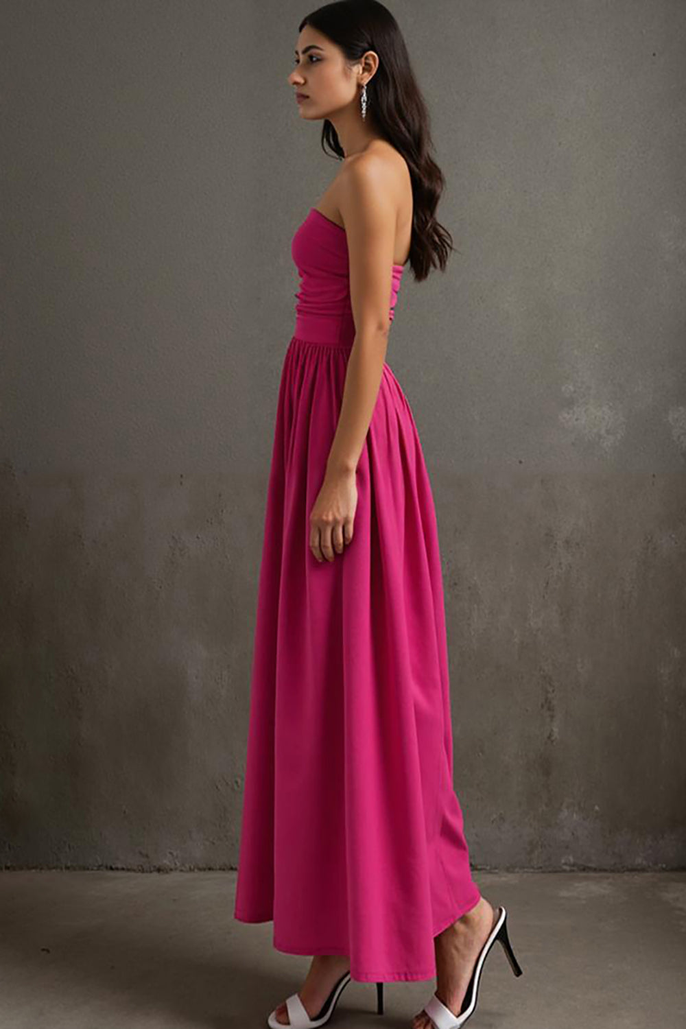 Fuchsia A Line Ruched Cottton Strapless Evening Dress