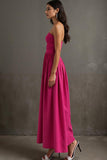 Fuchsia A Line Ruched Cottton Strapless Evening Dress