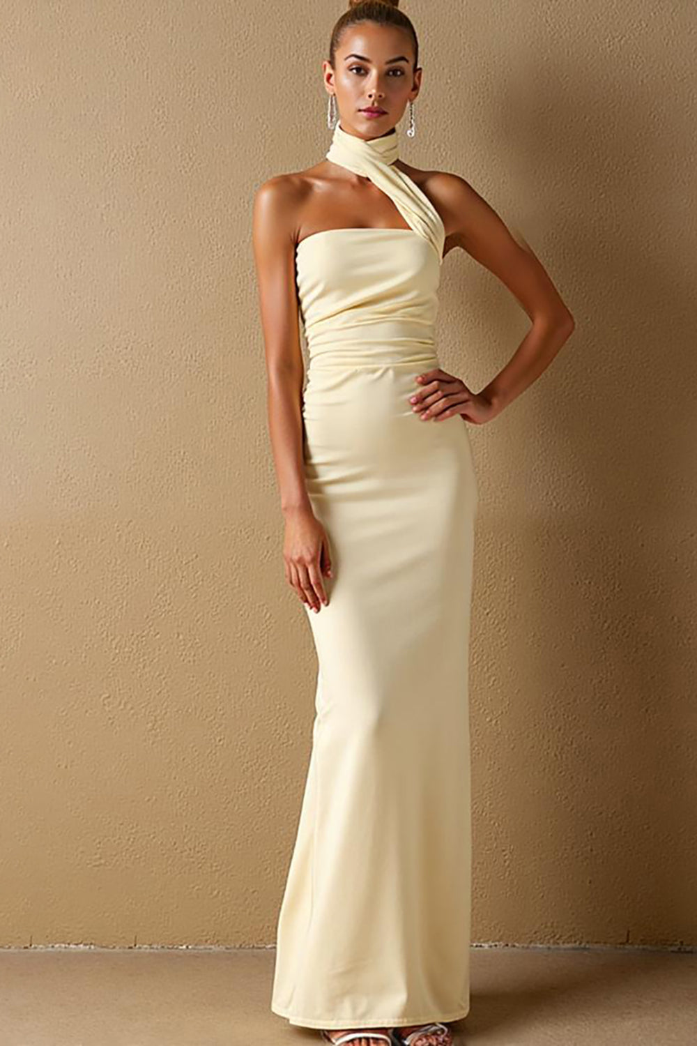 Daffodil Satin Sheath Halter Long Evening Dress