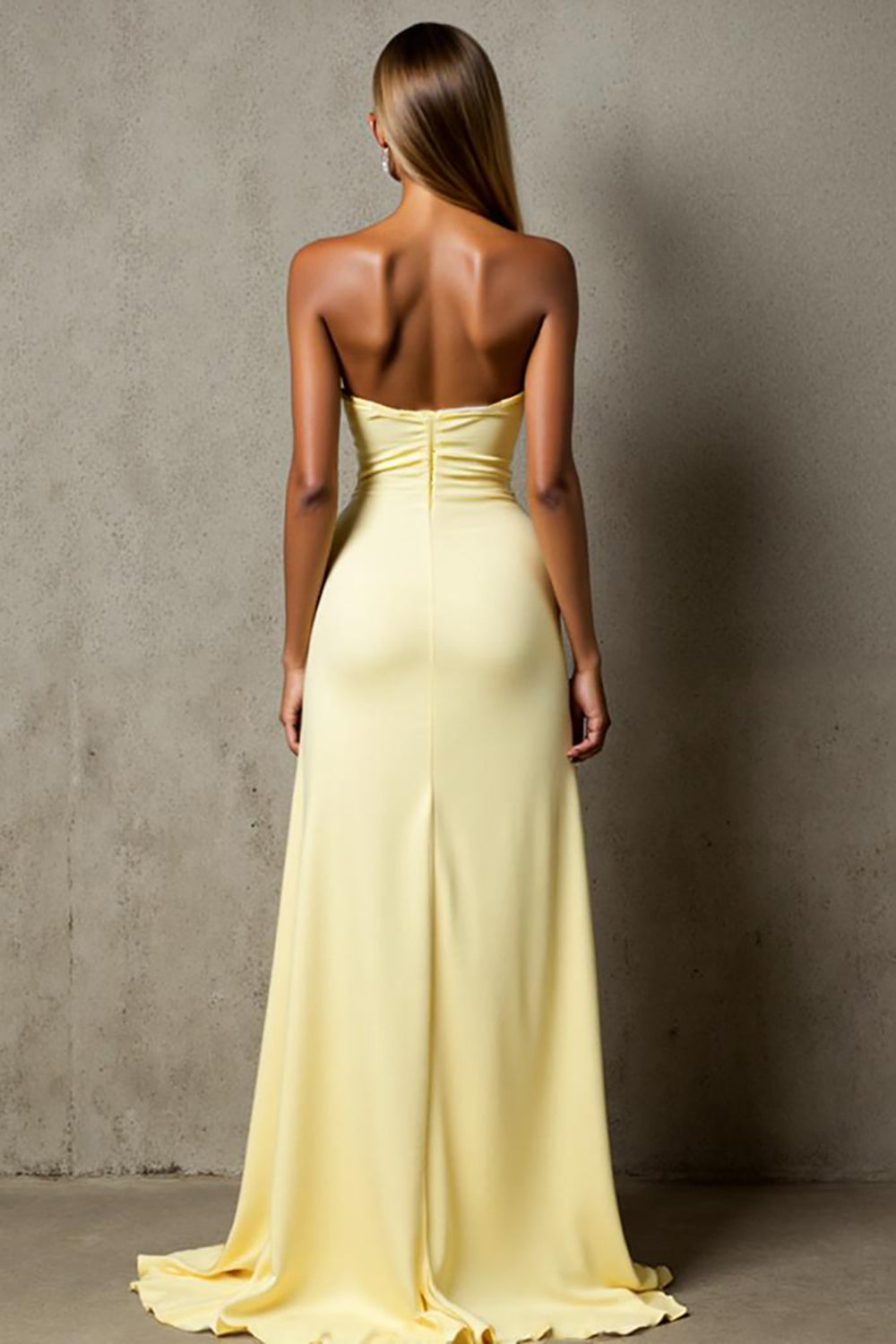 Daffodil Chiffon High-Low Ruched Strapless Evening Dress