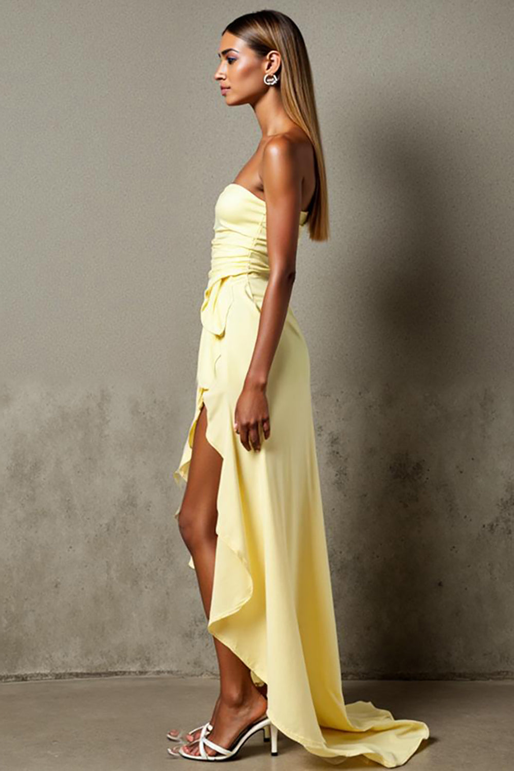 Daffodil Chiffon High-Low Ruched Strapless Evening Dress