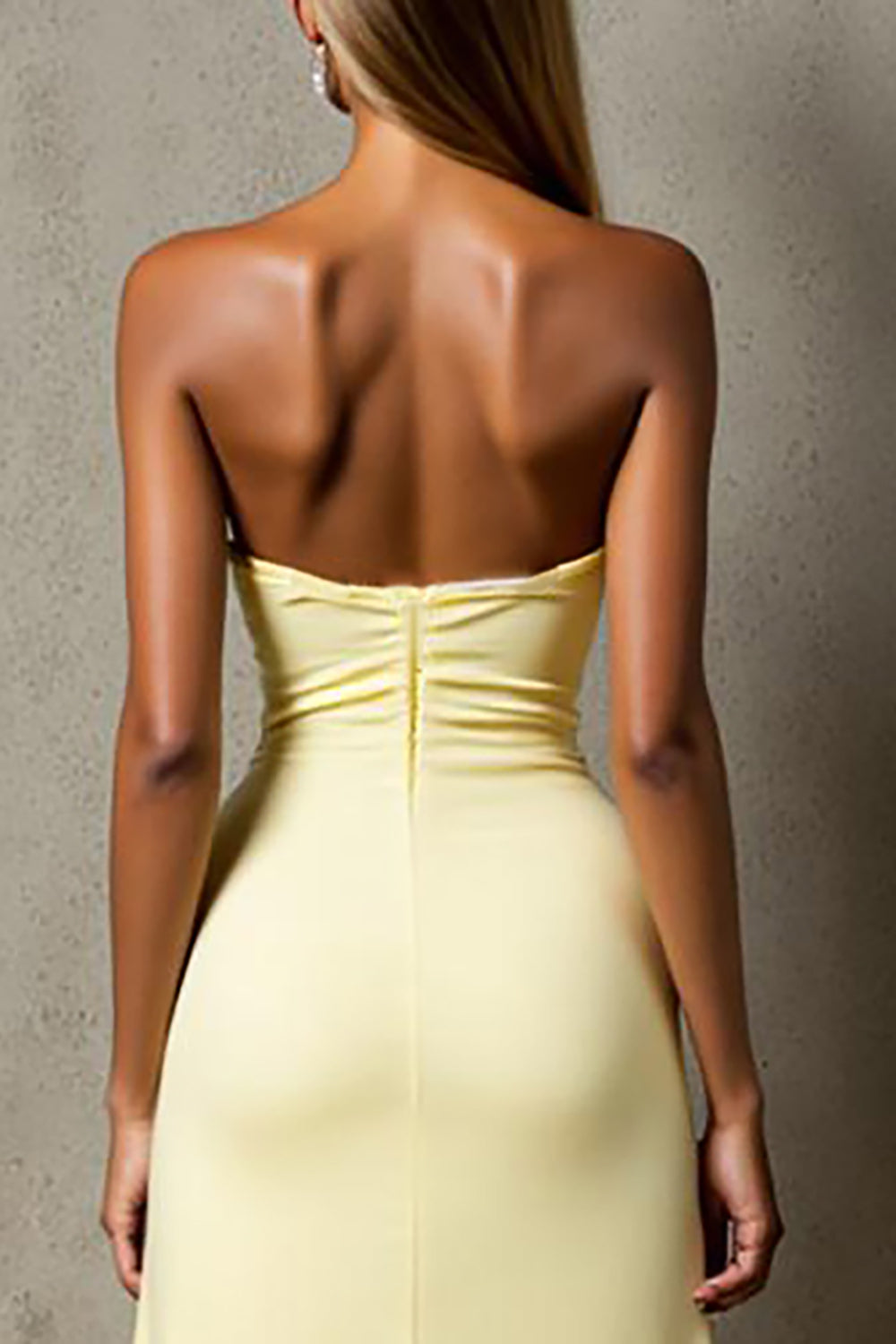 Daffodil Chiffon High-Low Ruched Strapless Evening Dress