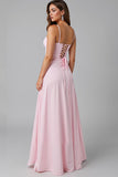 Simple Light Pink A Line Spaghetti Straps Long Evening Dress
