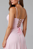 Simple Light Pink A Line Spaghetti Straps Long Evening Dress