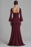 Dark Red V Neck Satin Mermaid Evening Dress with Slit