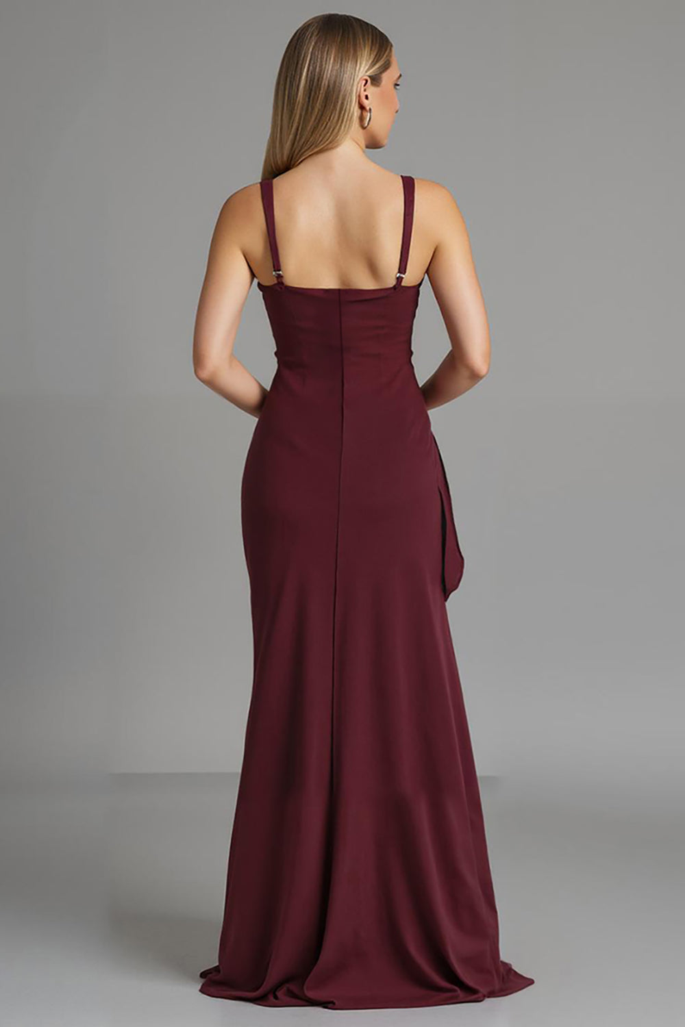 Dark Red Spaghetti Straps Sheath Satin Evening Dress with Slit