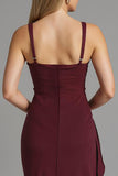 Dark Red Spaghetti Straps Sheath Satin Evening Dress with Slit