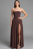 Coffee Strapless A Line Cotton Ruched Evening Dress with Slit