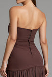 Coffee Strapless A Line Cotton Ruched Evening Dress with Slit