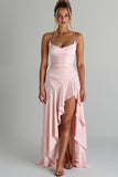 Ruffled High-Low Spaghetti Straps Light Pink Chiffon Evening Dress