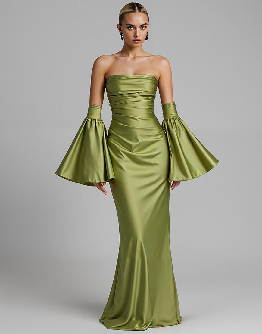 Turquoise Puff Sleeves Ruched Strapless Mermaid Evening Dress