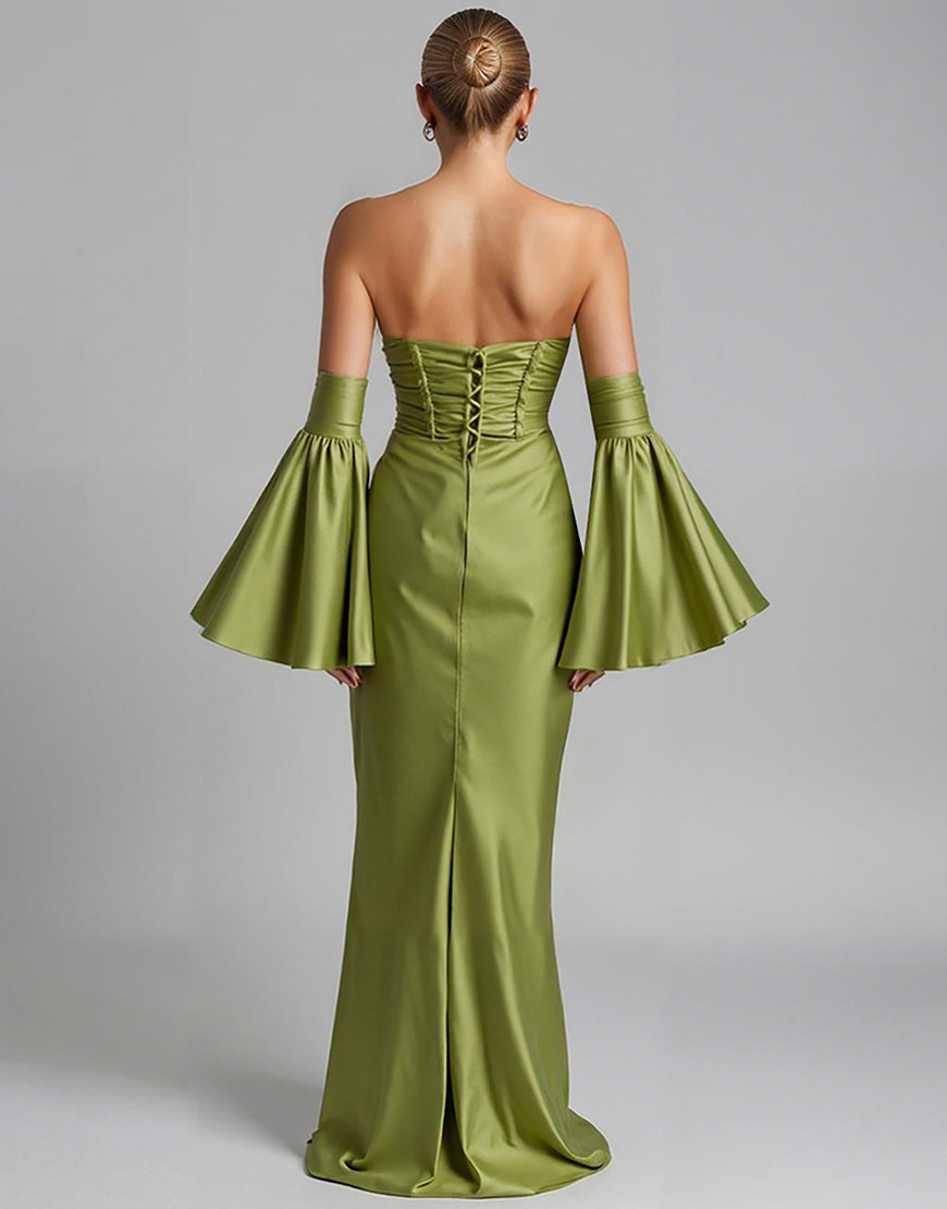 Turquoise Puff Sleeves Ruched Strapless Mermaid Evening Dress