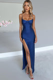 Spaghetti Straps Sheath Royal Blue Satin Evening Dress with Slit