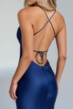 Spaghetti Straps Sheath Royal Blue Satin Evening Dress with Slit