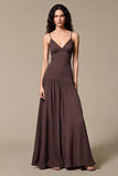 Coffee Chiffon A Line Spaghetti Straps Long Evening Dress