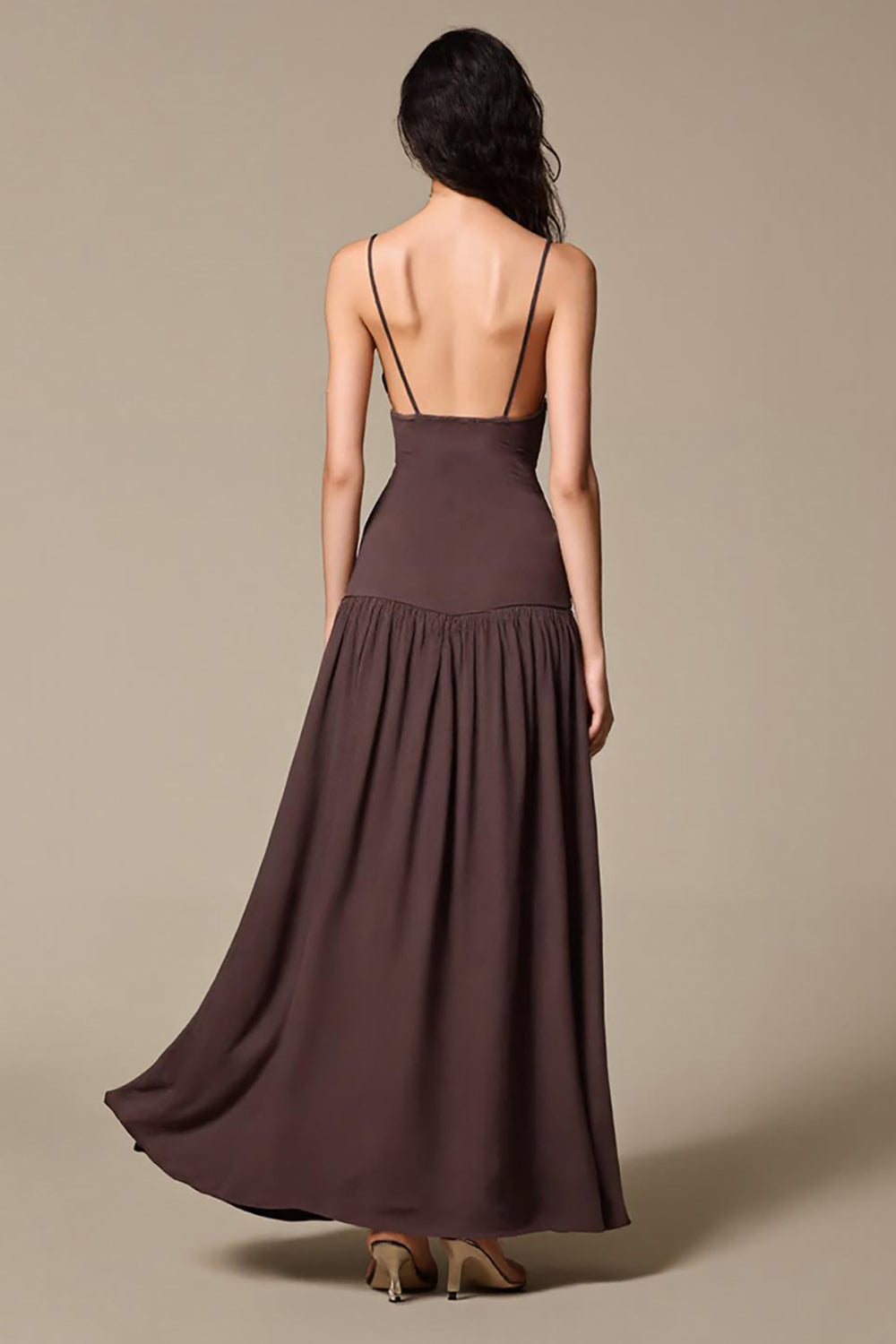 Coffee Chiffon A Line Spaghetti Straps Long Evening Dress