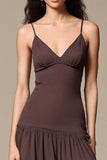 Coffee Chiffon A Line Spaghetti Straps Long Evening Dress
