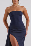 Simple Strapless Sheath Dark Blue Evening Dress with Slit