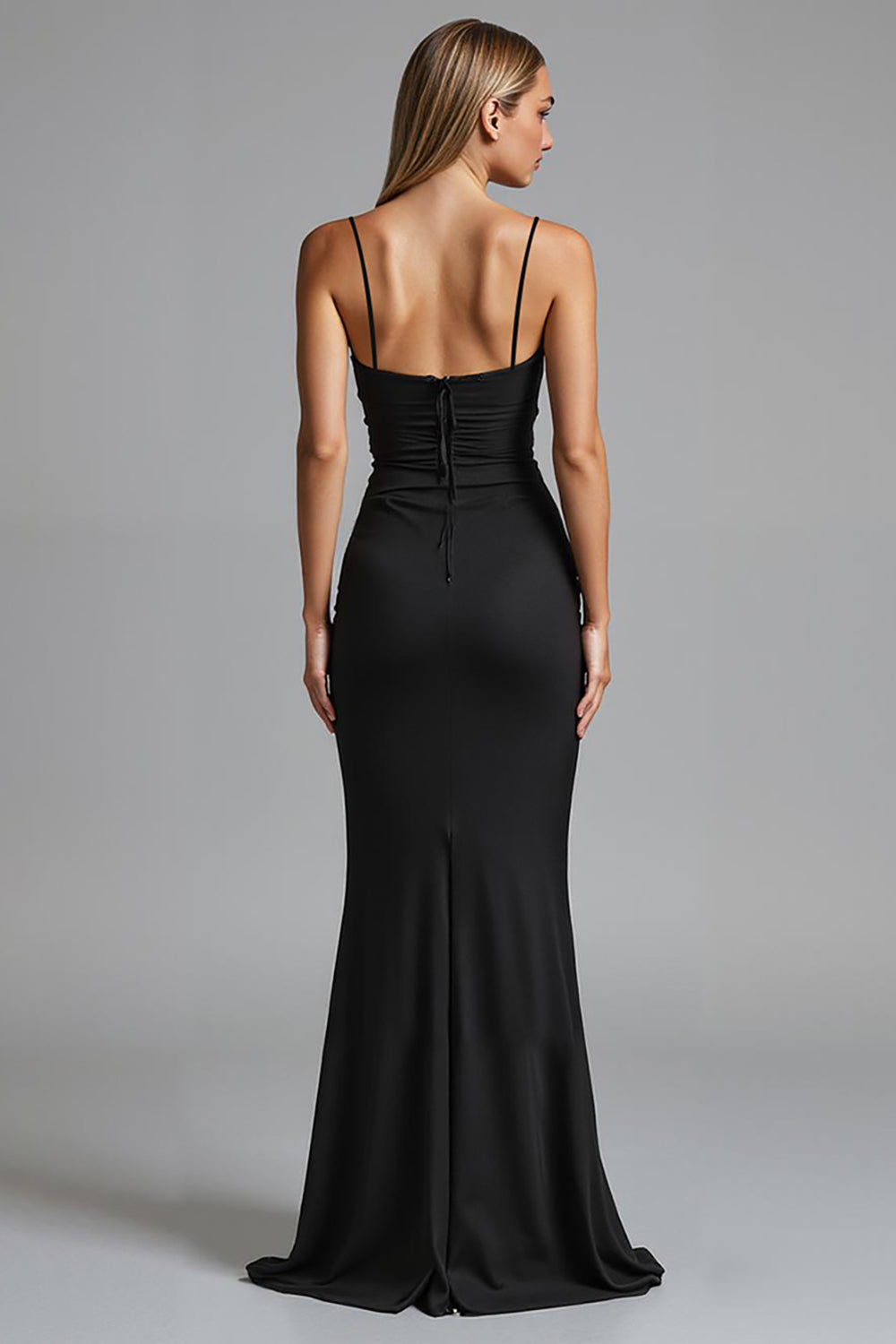 Spaghetti Straps Black Strecth Satin Mermaid Ruched Evening Dress
