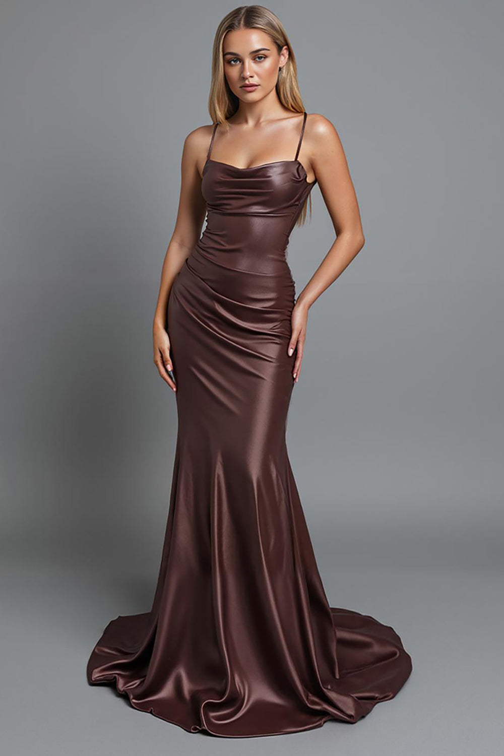 Coffee Satin Ruched Mermaid Spaghetti Straps Long Evening Dress