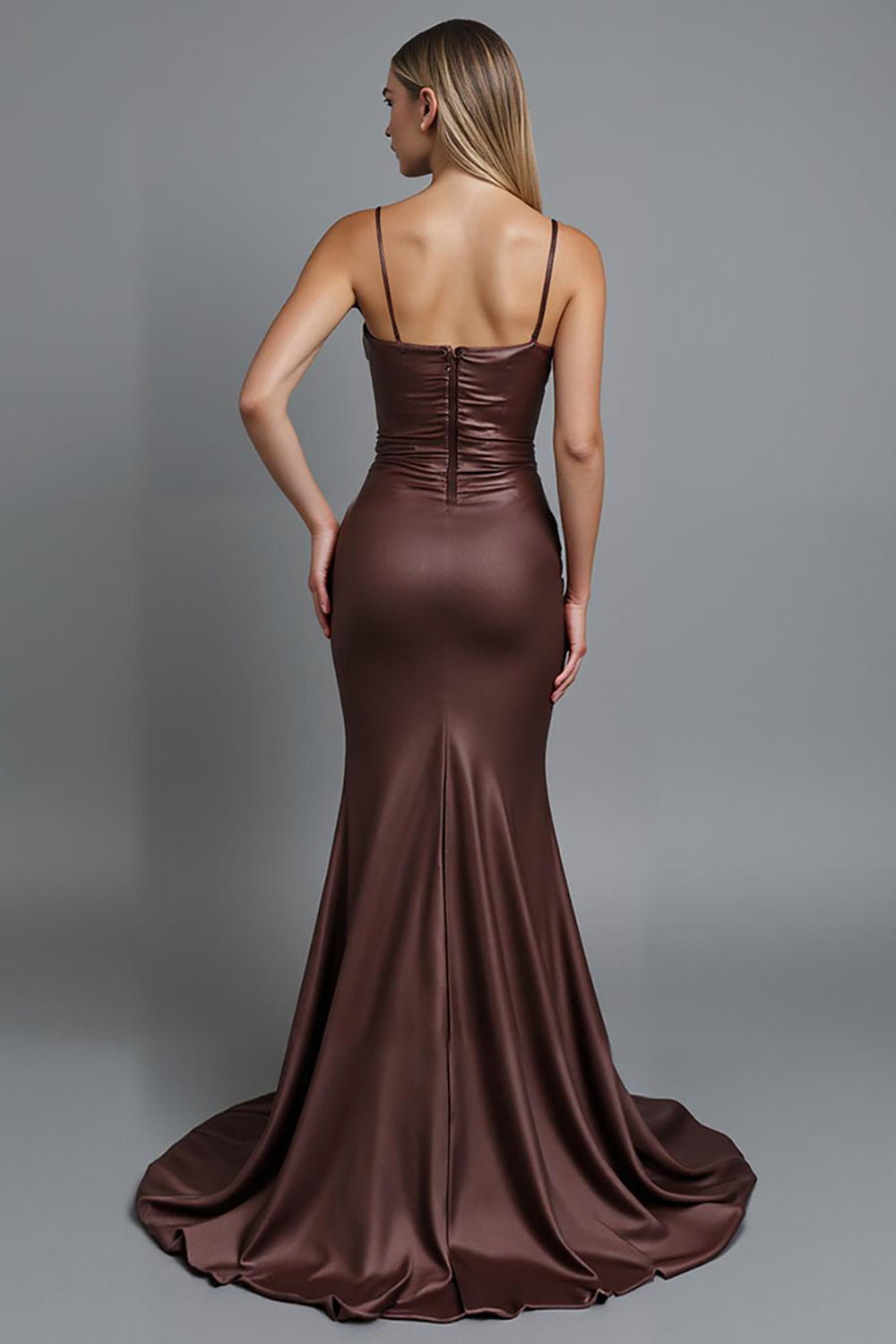 Coffee Satin Ruched Mermaid Spaghetti Straps Long Evening Dress