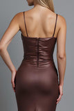 Coffee Satin Ruched Mermaid Spaghetti Straps Long Evening Dress