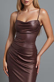 Coffee Satin Ruched Mermaid Spaghetti Straps Long Evening Dress