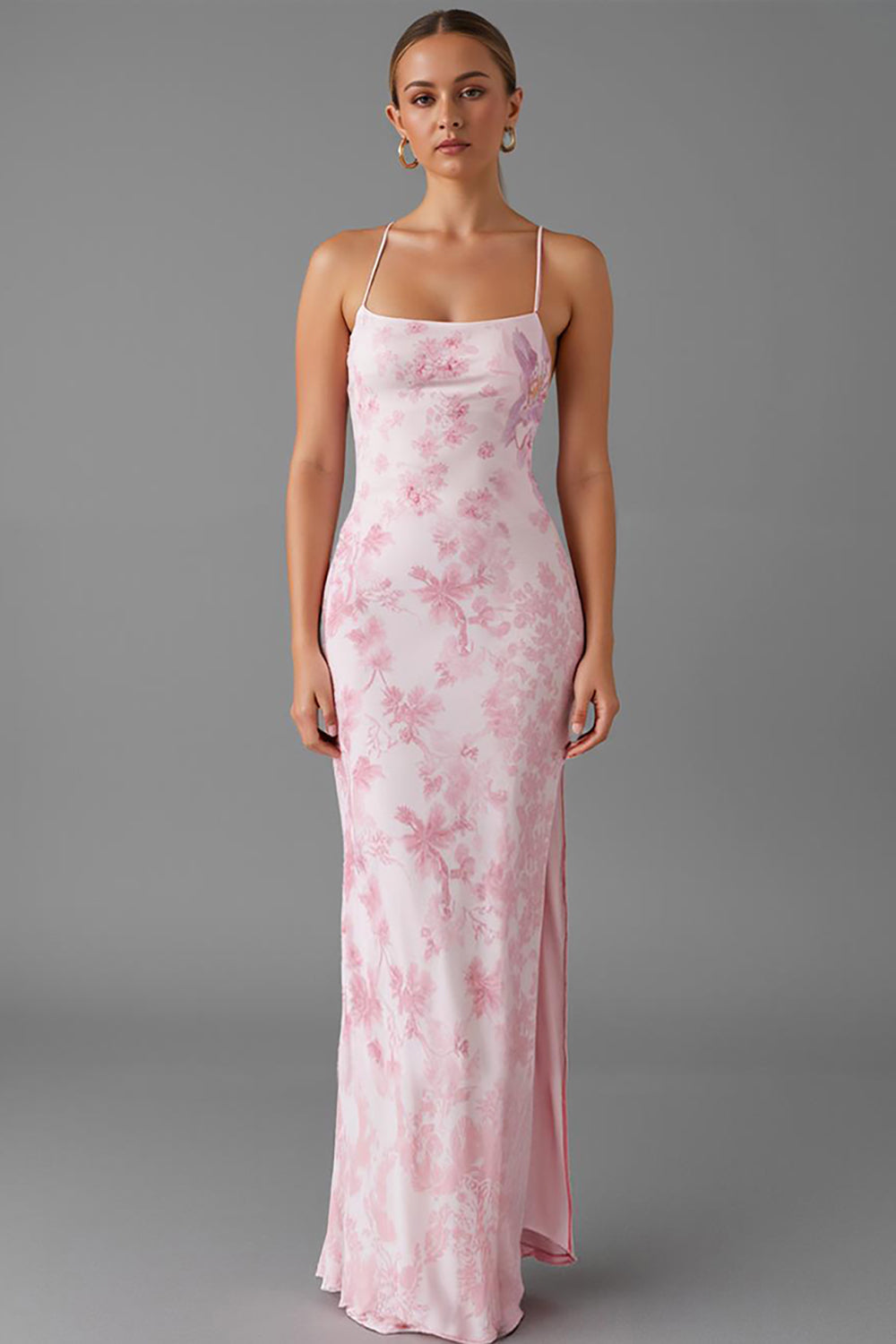 Light Pink Spaghetti Straps Sheath Printed Evening Dress With Slit
