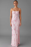 Light Pink Spaghetti Straps Sheath Printed Evening Dress With Slit