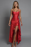 Sheath Red High Low Spaghetti Straps Evening Dress with Ruffles