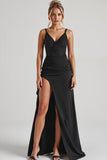 Black Sheath Spaghetti Straps Evening Dress With Slit