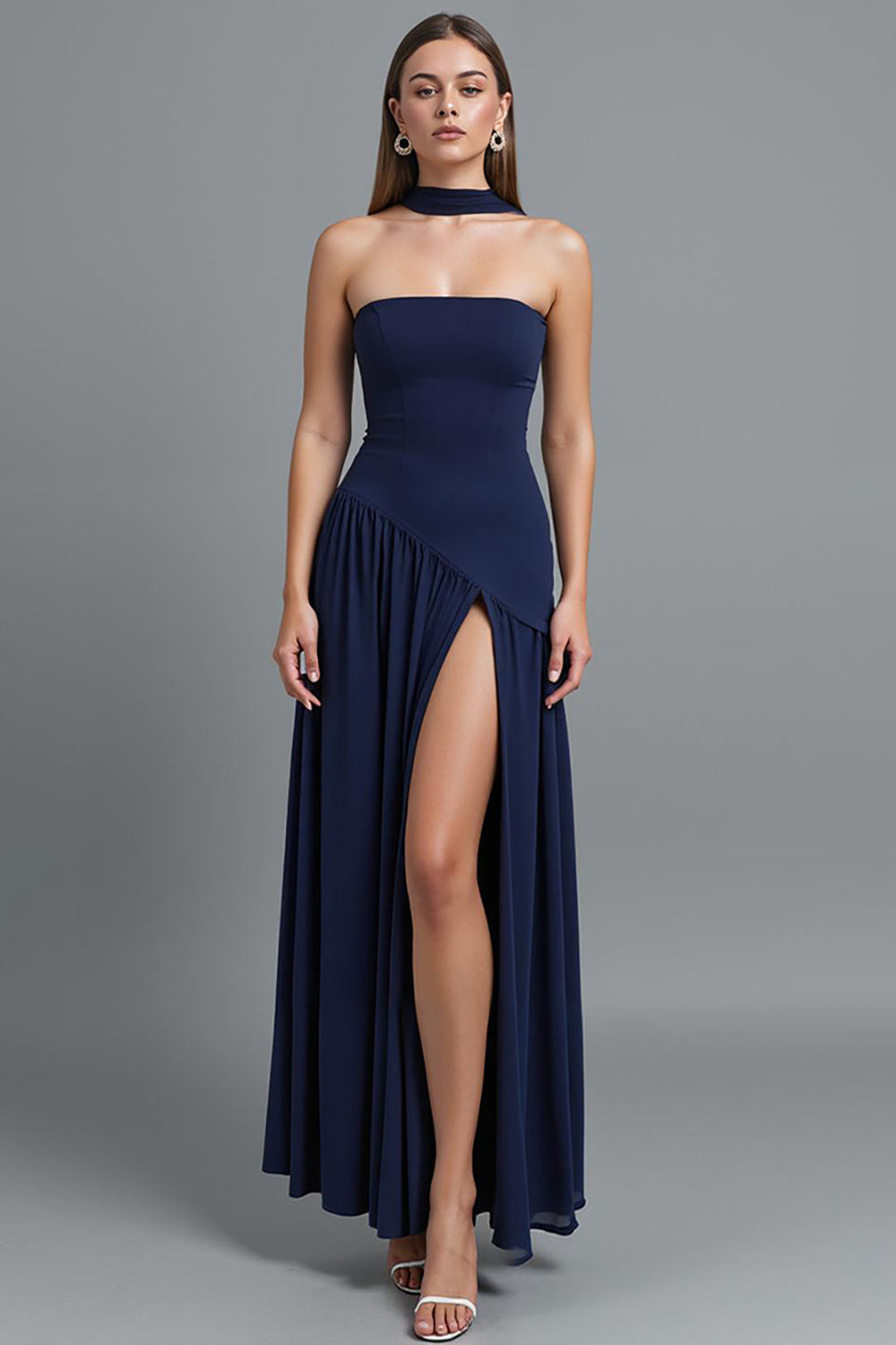 Dark Blue Strapless Sheath Evening Dress With Slit