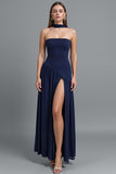Dark Blue Strapless Sheath Evening Dress With Slit