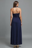 Dark Blue Strapless Sheath Evening Dress With Slit