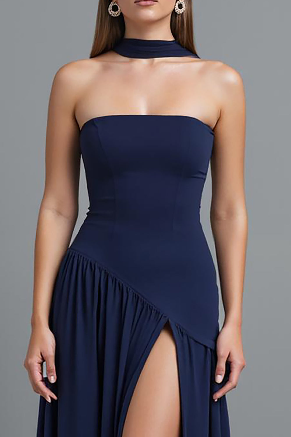 Dark Blue Strapless Sheath Evening Dress With Slit