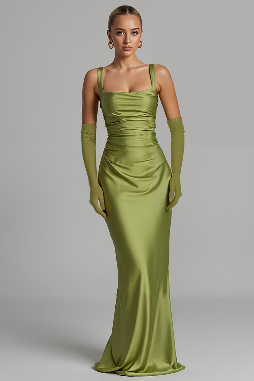 Mermaid Sage Green Satin Ruched Evening Dress