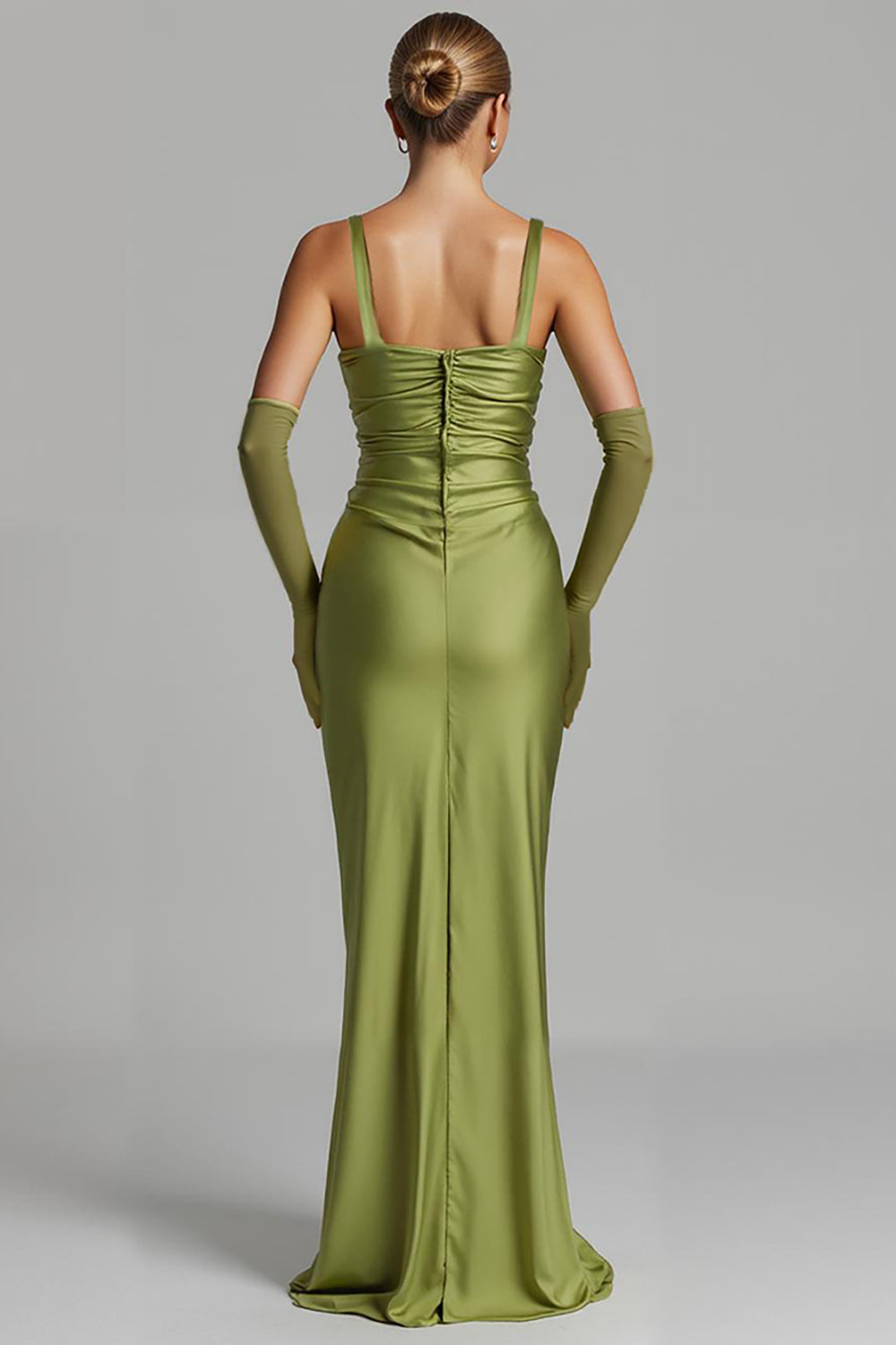 Mermaid Sage Green Satin Ruched Evening Dress