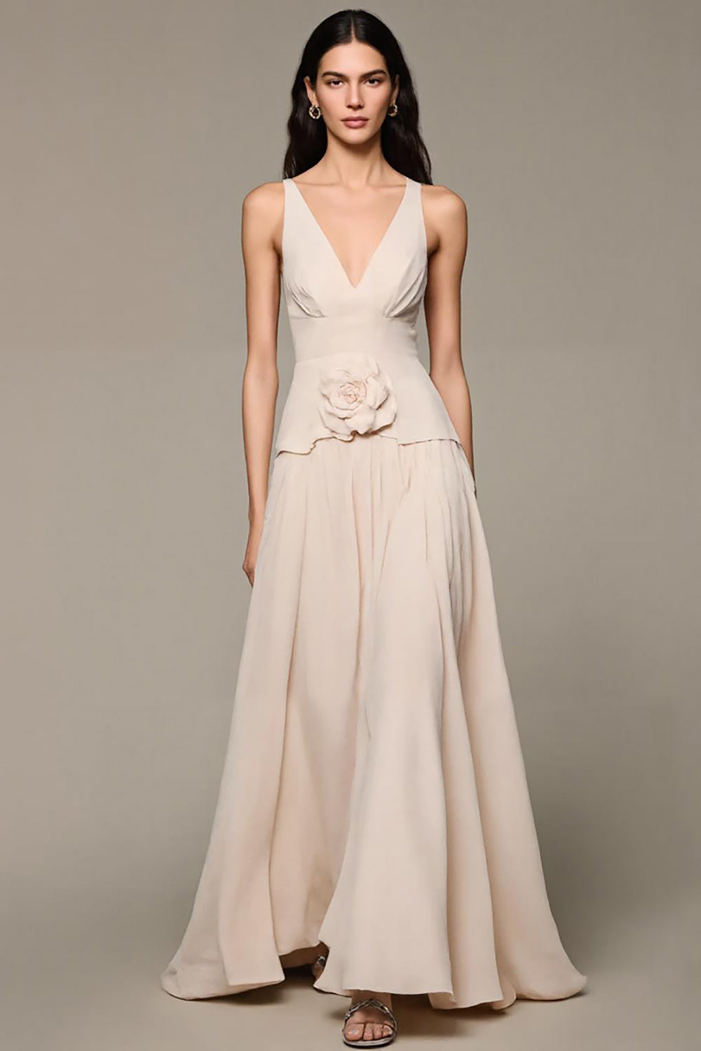 Apricot A-Line V-Neck Long Evening Dress With 3D Flowers
