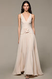 Apricot A-Line V-Neck Long Evening Dress With 3D Flowers