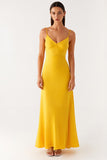 Sheath Yellow Satin Spaghetti Straps Evening Dress