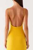 Sheath Yellow Satin Spaghetti Straps Evening Dress