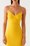 Sheath Yellow Satin Spaghetti Straps Evening Dress