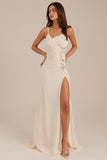 Ivory Sheath Ruched Spaghetti Straps Evening Dress with Slit
