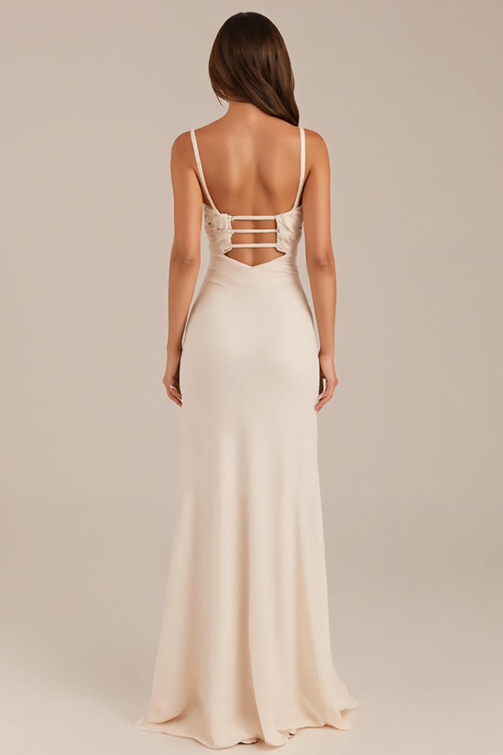 Ivory Sheath Ruched Spaghetti Straps Evening Dress with Slit