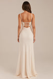 Ivory Sheath Ruched Spaghetti Straps Evening Dress with Slit