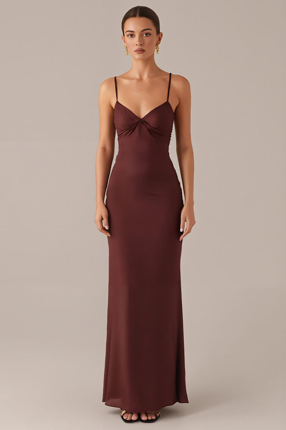 Brown Spaghetti Straps Sheath Evening Dress