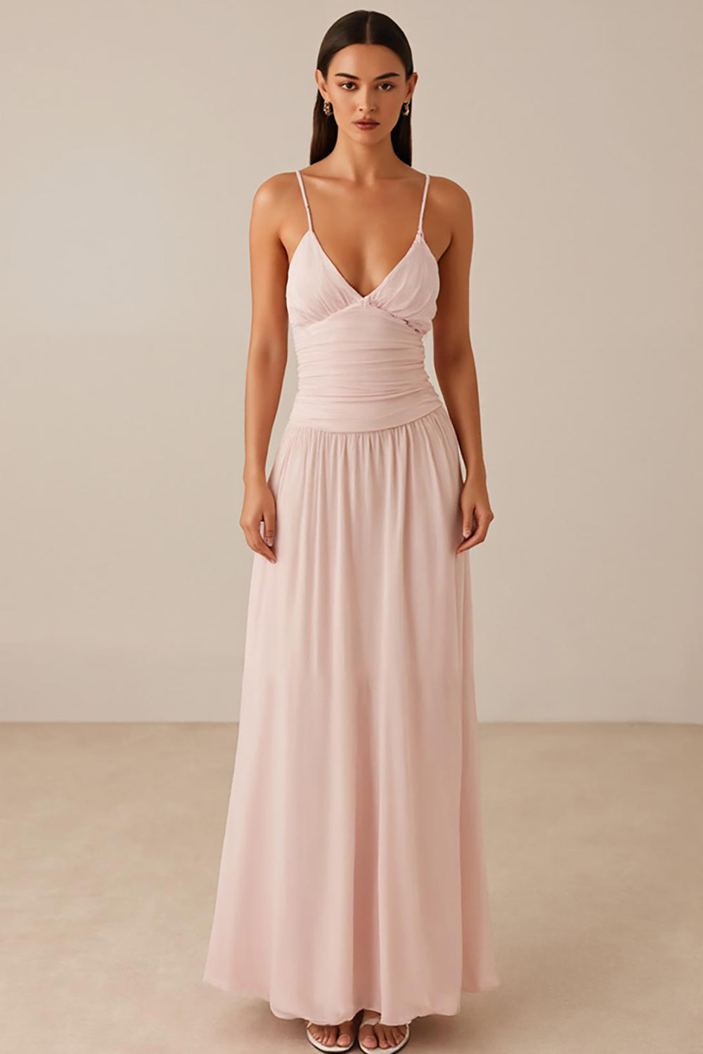 Pink Spaghetti Straps A-Line Chiffon Evening Dress