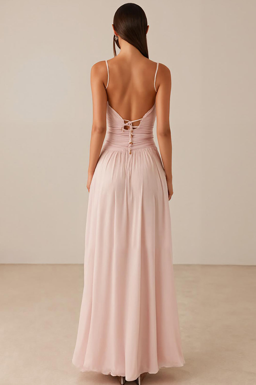 Pink Spaghetti Straps A-Line Chiffon Evening Dress