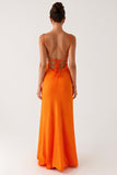 Orange Mermaid Spaghetti Straps Lace Up Back Evening Dress